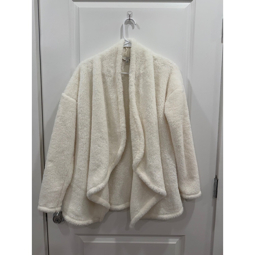 Lucky Brand Womens Cream Faux Fur Open Front Teddy Cardigan Sweater Small